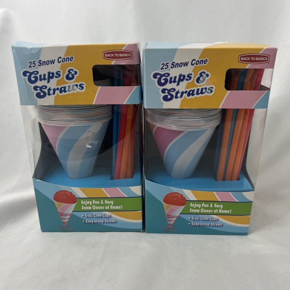 Back To Basics Lot Of 2 Snow Cone Cups & Straws 50 Total 6oz Cups Party Kids NEW